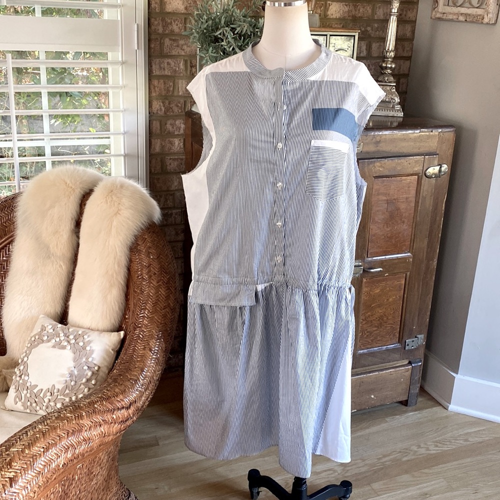 THE KIT. DECONSTRUCTED SHIRT DRESS NAVY STRIPE IN LIGHTWEIGHT COTON 3X NEW